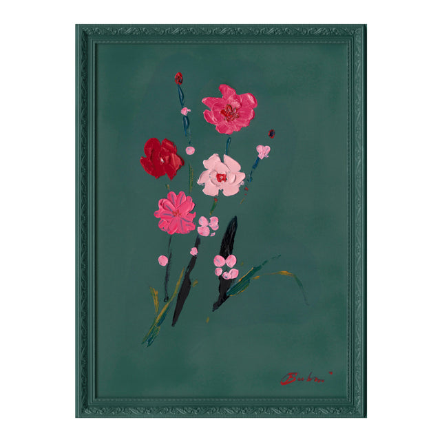 OUTLET Handpainting flower pink/darkgreen w/frame 57x77