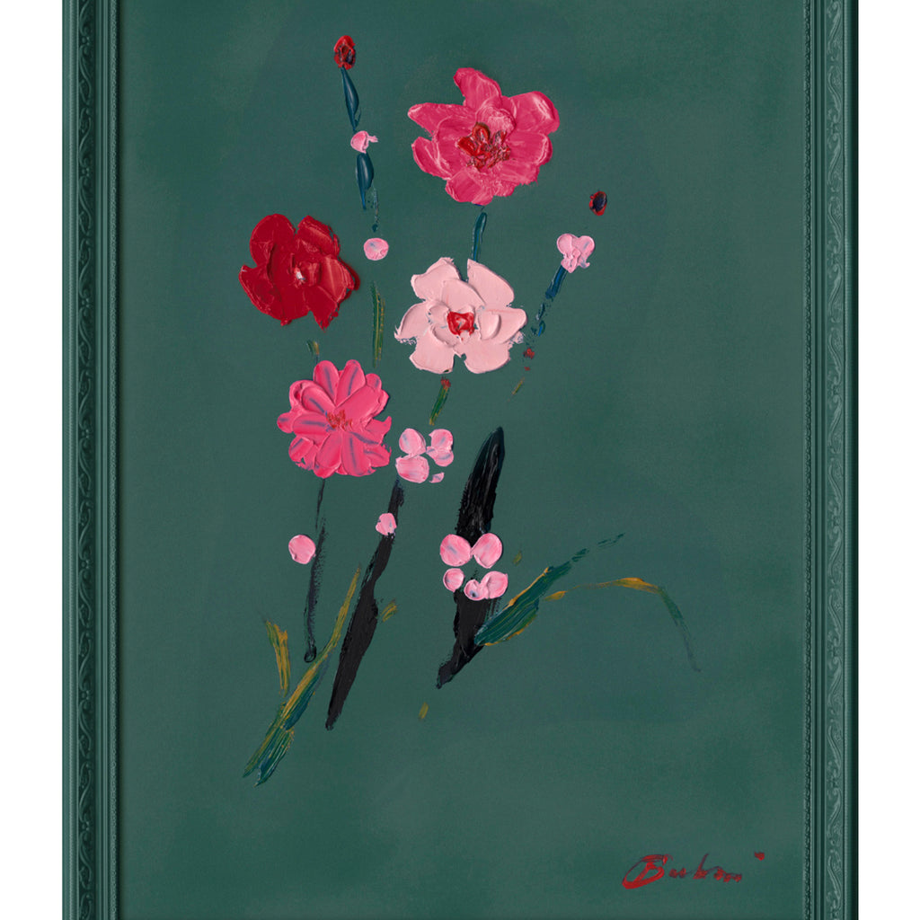 OUTLET Handpainting flower pink/darkgreen w/frame 57x77