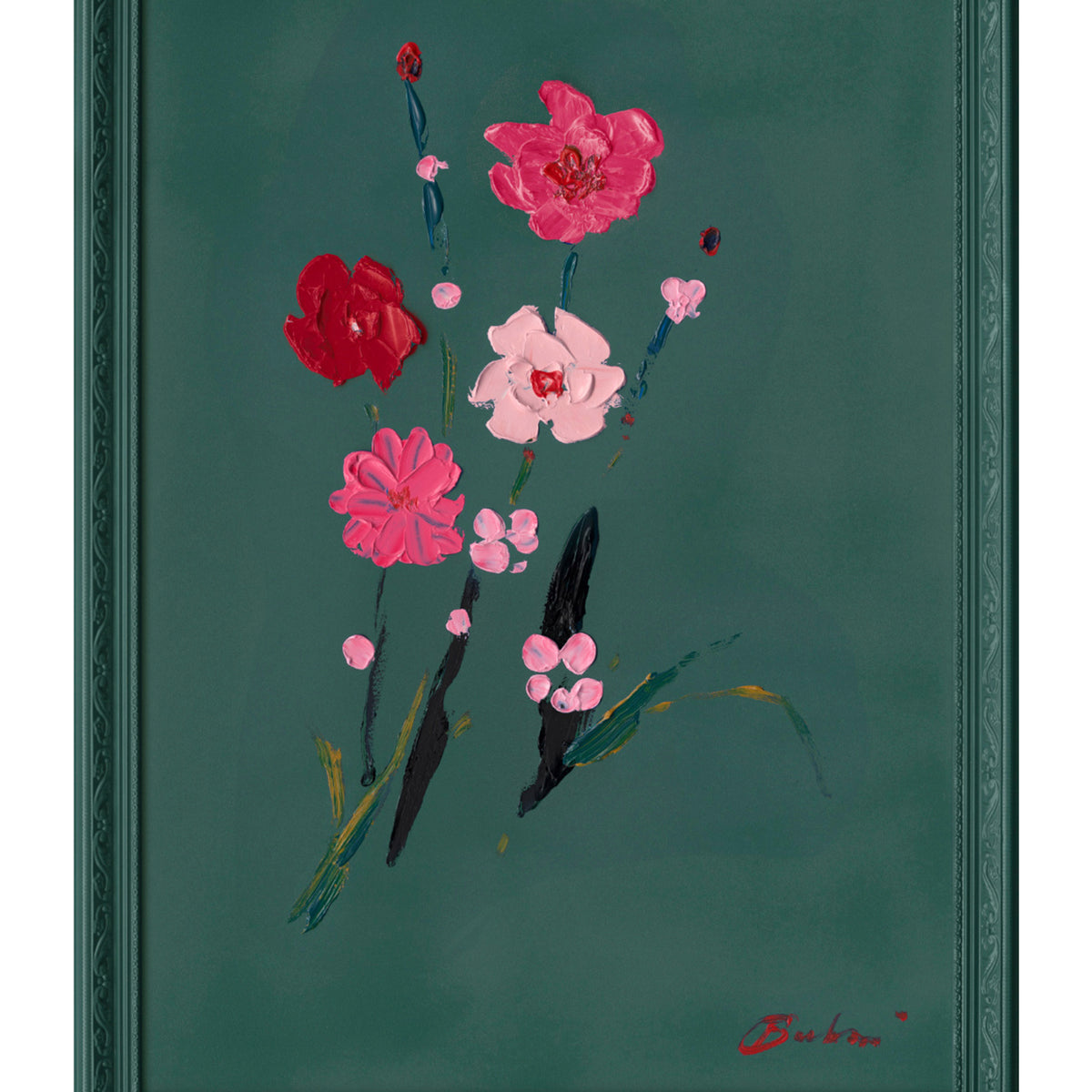 OUTLET Handpainting flower pink/darkgreen w/frame 57x77