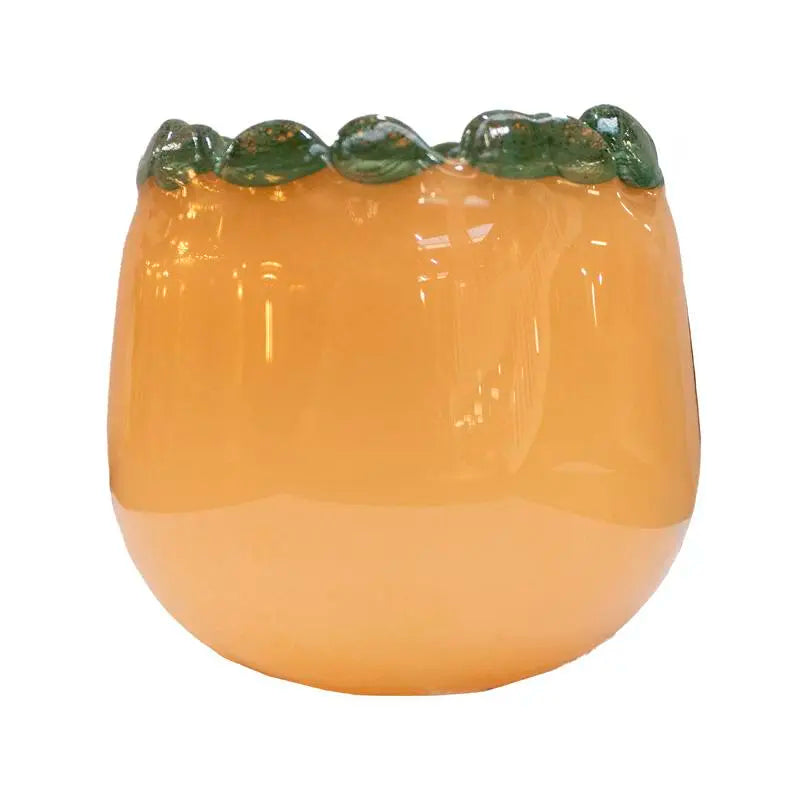 Vase handblown orange w/green rim glass 9x9x9