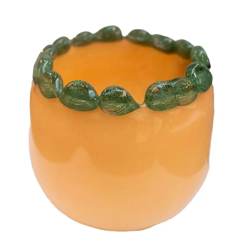 Vase handblown orange w/green rim glass 9x9x9