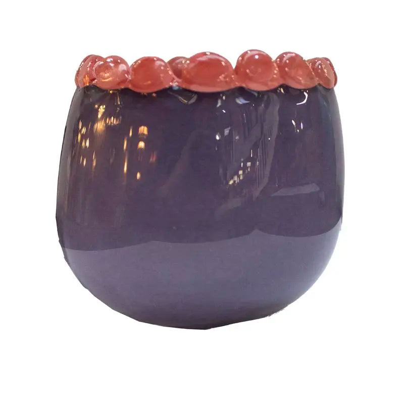 Vase handblown purple w/pink rim glass 9x9x9