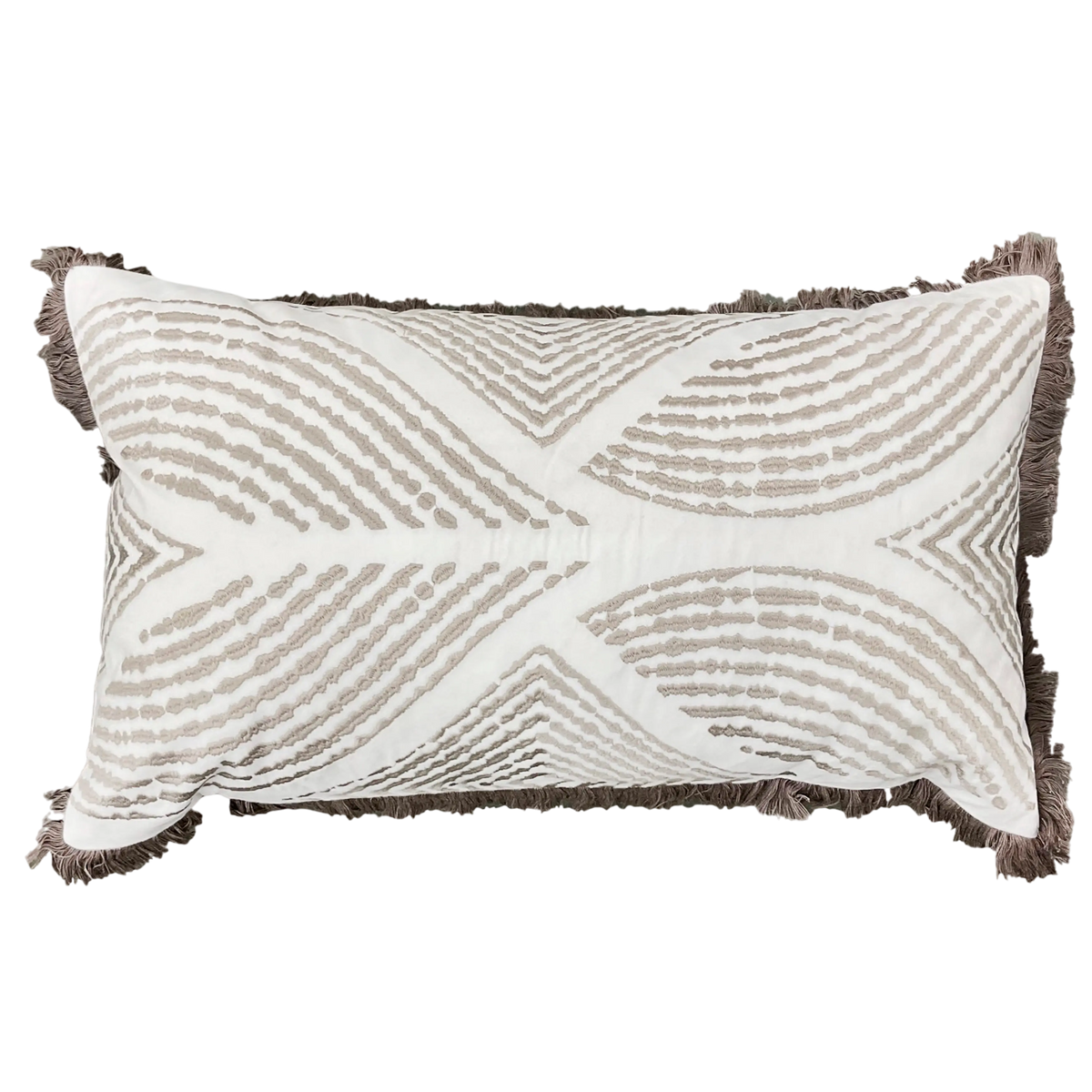 Cushion white grey w/fringe velvet 60x35