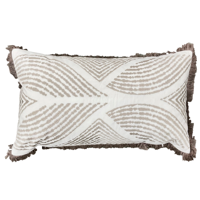 Cushion white grey w/fringe velvet 60x35