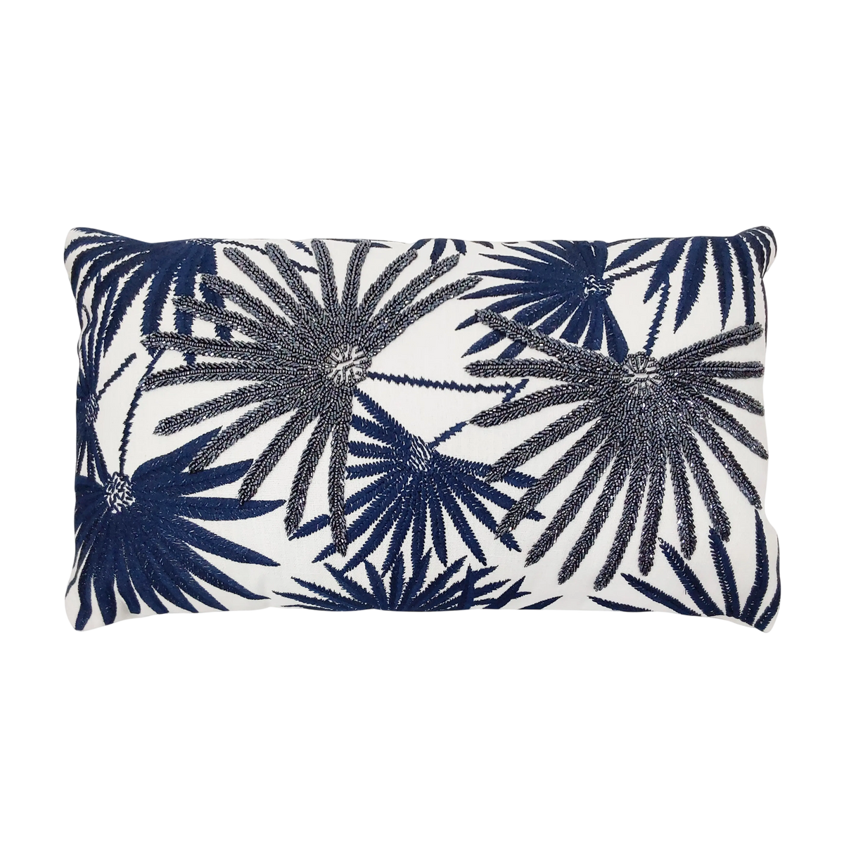 Cushion palm leaves blue/white embroided CO 60x35