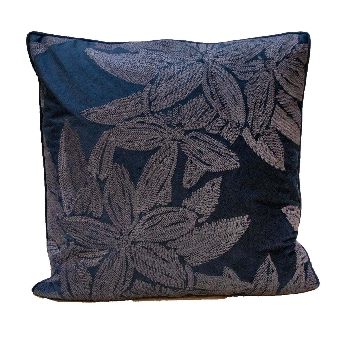 Cushion w/leaves blue velvet PE 50x50