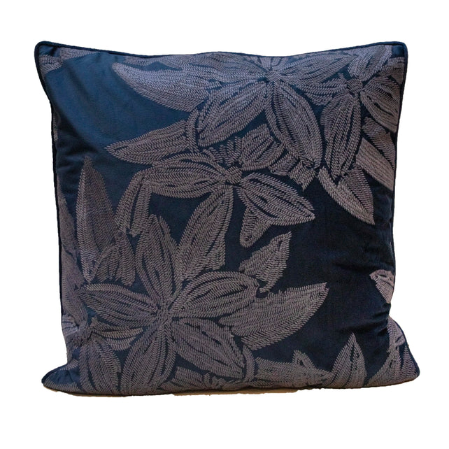 Cushion w/leaves blue velvet PE 50x50