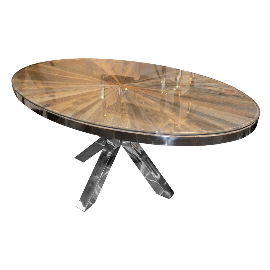 OUTLET Dining table oval reclaimed wood w/glass 181x110x76