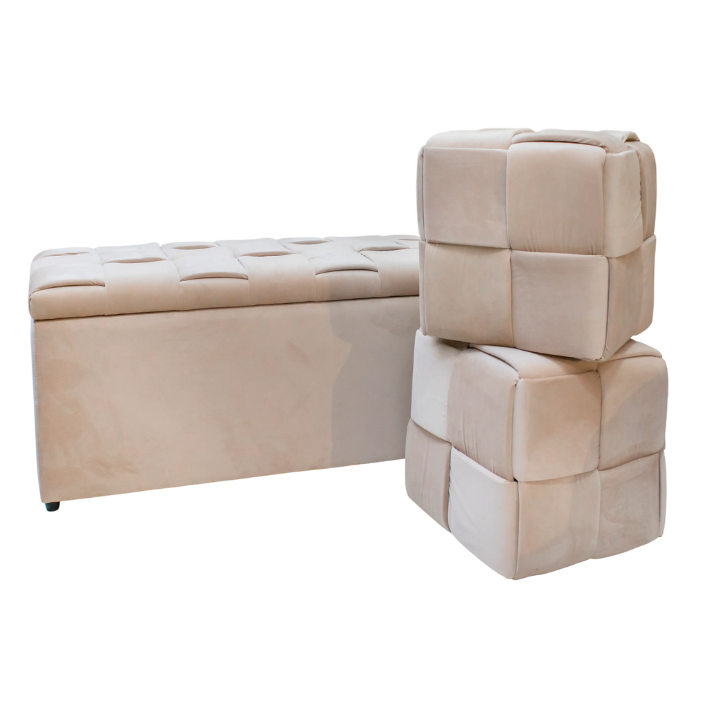 Ottoman w/storage and 2 stool warm champagne velvet 98x44x45
