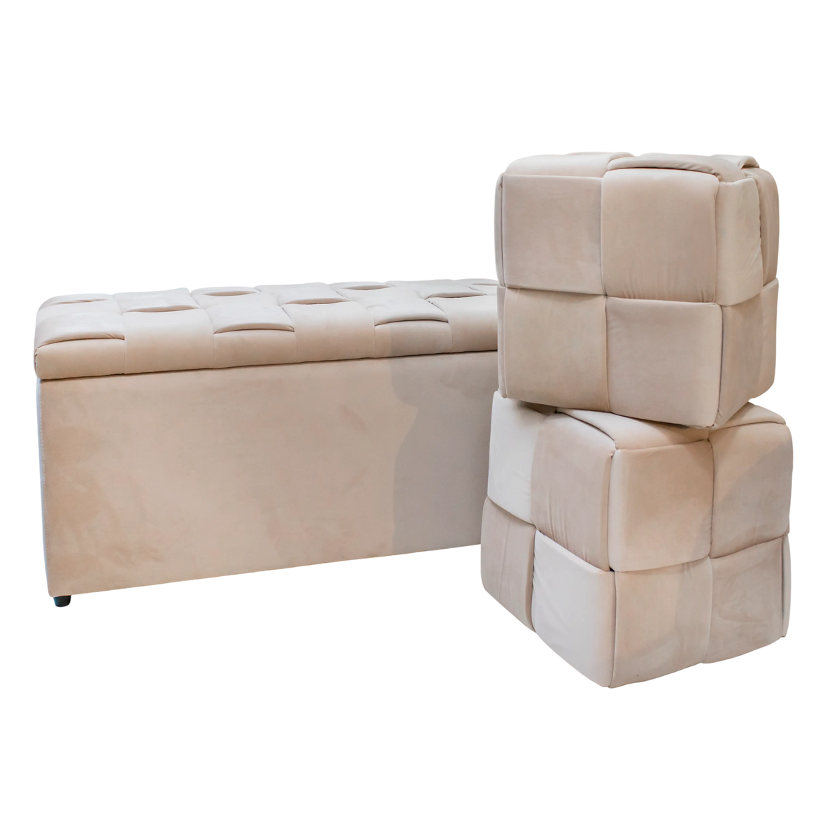 Ottoman w/storage and 2 stool warm champagne velvet 98x44x45