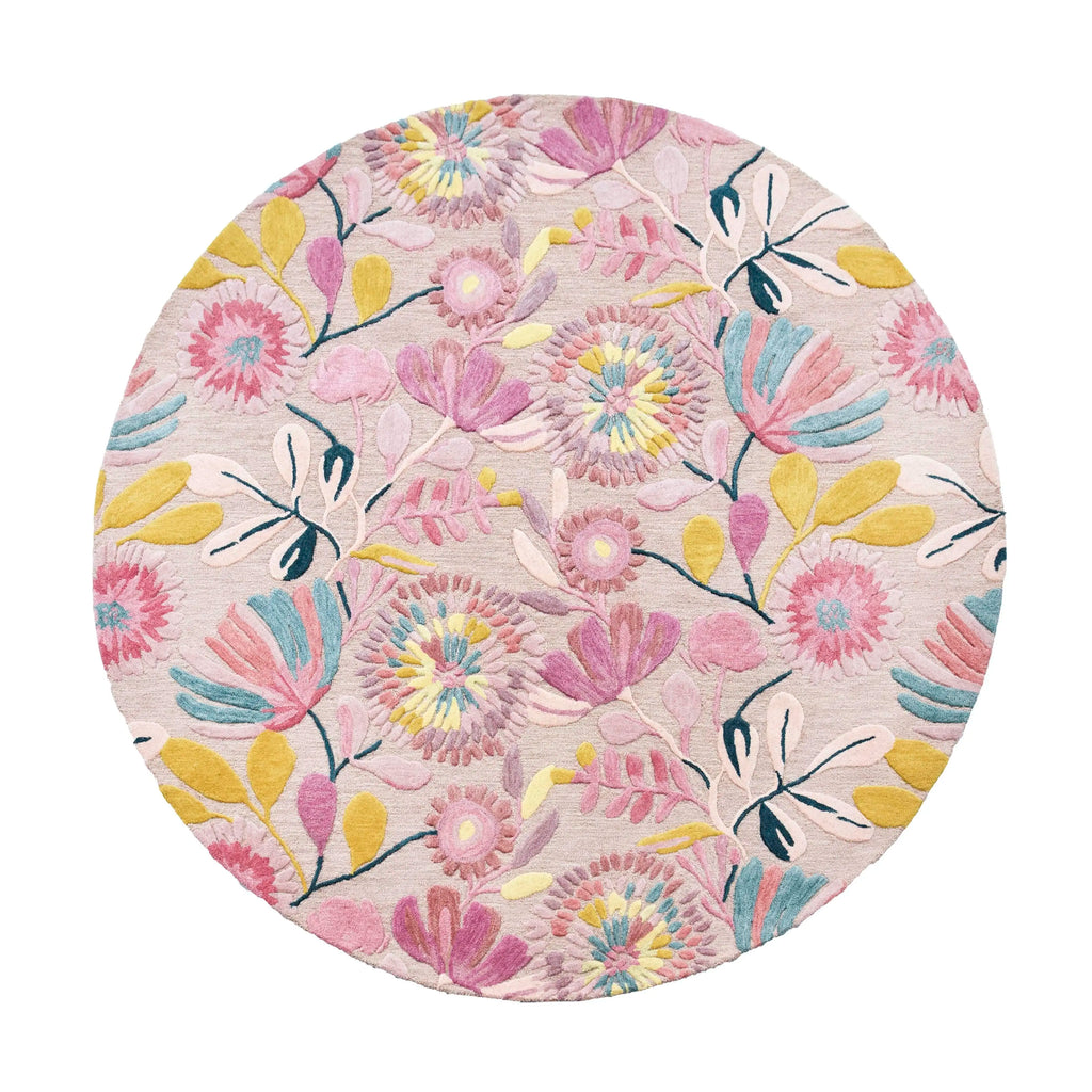 Rug hand tufted w/flowers round multi pink wool 250x250