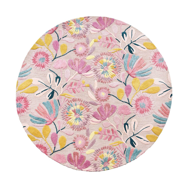 Rug hand tufted w/flowers round multi pink wool 250x250