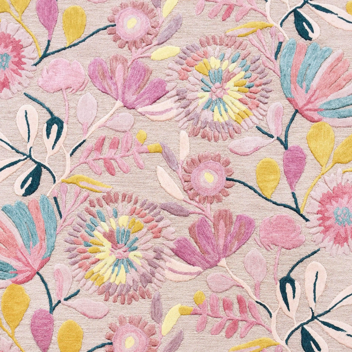 Rug hand tufted w/flowers round multi pink wool 250x250