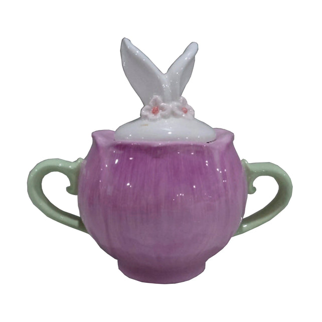 Mug flower/bunny w/lid soft purple dolomite porcelain 18x11x