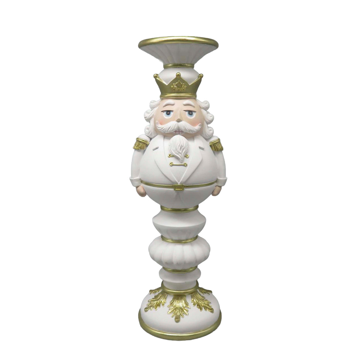 Candle holder pillar nutcracker white/gold resin 14x13x40