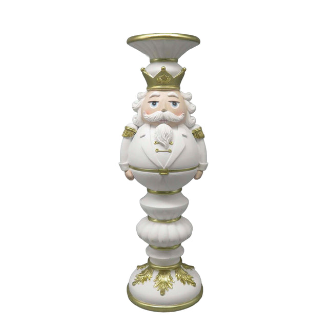 Candle holder pillar nutcracker white/gold resin 14x13x40